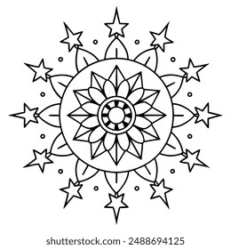 mandala that incorporates celestial themes designed for coloring books. mandala line art vector illustration for Mehndi, tattoo, yoga logo, pattern design