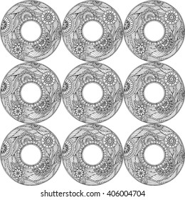 Mandala theme. Floral wreath pattern with dots, lines and flowers. Black and white circle flower ornament. Floral mandala. Hand drawn ink pattern made by trace from personal sketch.