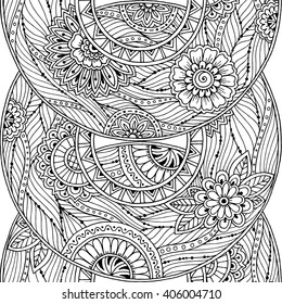 Mandala theme. Floral wreath pattern with dots, lines and flowers. Black and white circle flower ornament. Floral mandala. Hand drawn ink pattern made by trace from personal sketch.