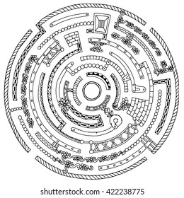 Mandala theme. Floral wreath pattern labyrinth with dots, lines and flowers. Black and white circle flower labyrinth. Hand drawn ink pattern made by trace from  sketch. Perfect for coloring book page.