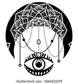 Mandala with third eye ethnic mascot. Crescent moon contour symbol. Zentangle ornament. Thin line customizable illustration. Vector isolated outline drawing.