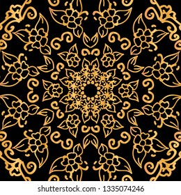 Mandala tile with floral motif. Gold gradient with metallic luster

