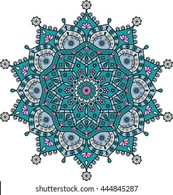 Mandala in tints of green, light gray & light pink. Symmetrical round pattern based on traditional Indian mandala art for spiritual practices, meditation/yoga classes & vintage decorative backgrounds.