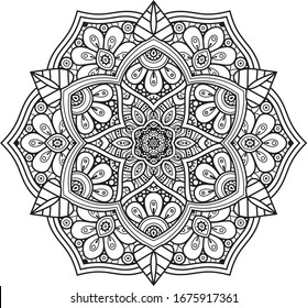 Mandala, tracery round boho doodle. Ethnic ornament, sketched symmetry. Folk, meditation design. Curved shape, isolated on white. Black and white art. Vector
