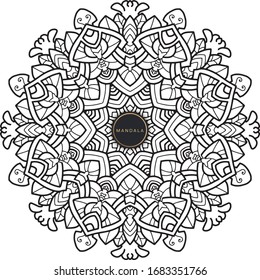 Mandala, tracery round boho doodle. Ethnische Ornamente, gezeichnete Symmetrie. Folk, Meditationsdesign. Kurvige Form einzeln auf Weiß. Schwarz-Weiß-Kunst. Vektorillustration