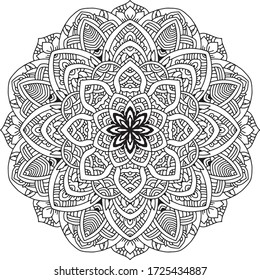 Mandala, tracery round boho doodle. Ethnic ornament, sketched symmetry. Folk, meditation design. Curved shape, isolated on white. Black and white art. Vector