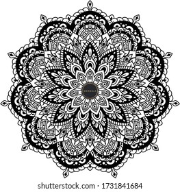 Mandala, tracery round boho doodle. Ethnic ornament, sketched symmetry. Folk, meditation design. Curved shape, isolated on white. Black and white art. Vector