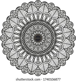 Mandala, tracery round boho doodle. Ethnic ornament, sketched symmetry. Folk, meditation design. Curved shape, isolated on white. Black and white art. Vector