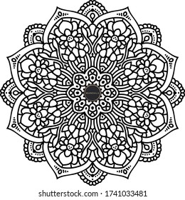 Mandala, tracery round boho doodle. Ethnic ornament, sketched symmetry. Folk, meditation design. Curved shape, isolated on white. Black and white art. Vector