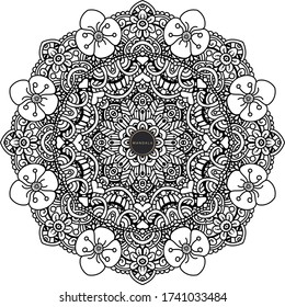 Mandala, tracery round boho doodle. Ethnic ornament, sketched symmetry. Folk, meditation design. Curved shape, isolated on white. Black and white art. Vector