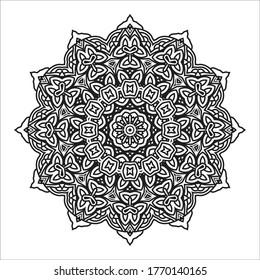 Mandala, tracery round boho doodle. Ethnische Ornamente, gezeichnete Symmetrie. Folk, Meditationsdesign. Kurvige Form einzeln auf Weiß. Schwarz-Weiß-Kreis. Rundschmuck mit Mandala