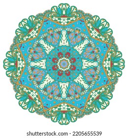 Mandala. Tracery wheel image. Mehndi design. Ethnic colorful doodle art. Curved doodling picture. Vector