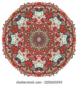 Mandala. Tracery wheel image. Mehndi design. Ethnic colorful doodle art. Curved doodling picture. Vector