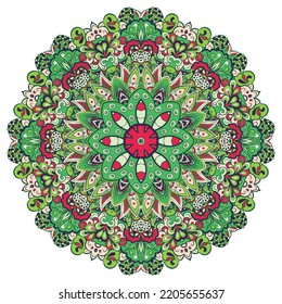 Mandala. Tracery wheel image. Mehndi design. Ethnic colorful doodle art. Curved doodling picture. Vector