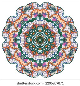 Mandala. Tracery wheel image. Mehndi design. Ethnic doodle art. Curved doodling picture. Vector