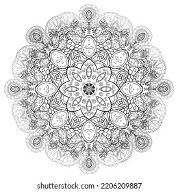 Mandala. Tracery wheel image. Mehndi design. Binary monochrome black and white. Ethnic doodle art. Curved doodling picture. Vector