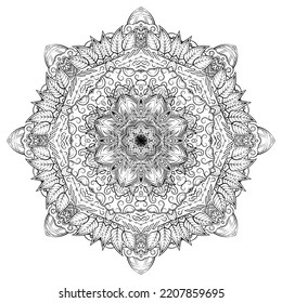 Mandala. Tracery wheel image. Mehndi design. Binary monochrome black and white. Ethnic doodle art. Curved doodling picture. Vector