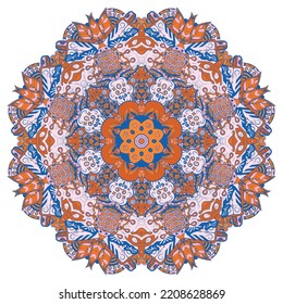 Mandala. Tracery wheel image. Mehndi design. Ethnic doodle art. Curved doodling picture. Vector