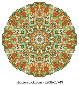Mandala. Tracery wheel image. Mehndi design. Ethnic doodle art. Curved doodling picture. Vector