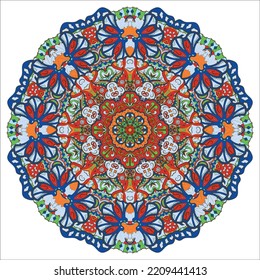 Mandala. Tracery wheel image. Mehndi design. Ethnic doodle art. Curved doodling picture. Vector