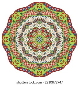 Mandala. Imagen de la rueda de tracería. Diseño de Mehndi. Arte de doodle étnico. Imagen de garabato curvada. Vector