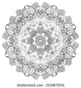 Mandala. Tracery wheel image. Mehndi design. Binary monochrome black and white. Ethnic doodle art. Curved doodling picture. Vector