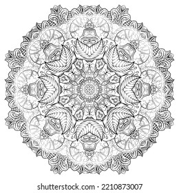 Mandala. Tracery wheel image. Mehndi design. Binary monochrome black and white. Ethnic doodle art. Curved doodling picture. Vector