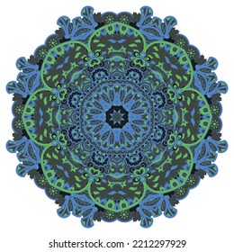 Mandala. Tracery wheel image. Mehndi design. Dark toxic colors. Ethnic doodle art. Curved doodling picture. Vector