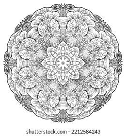 Mandala. Tracery wheel image. Mehndi design. Binary monochrome black and white. Ethnic doodle art. Curved doodling picture. Vector