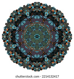 Mandala. Tracery wheel image. Mehndi design. Dark toxic colors. Ethnic doodle art. Curved doodling picture. Vector