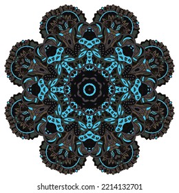 Mandala. Tracery wheel image. Mehndi design. Dark toxic colors. Ethnic doodle art. Curved doodling picture. Vector