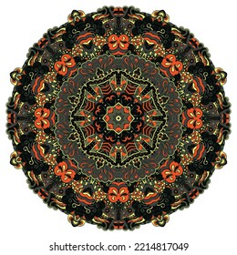 Mandala. Tracery wheel image. Mehndi design. Dark toxic colors. Ethnic doodle art. Curved doodling picture. Vector