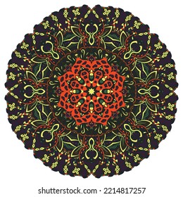 Mandala. Tracery wheel image. Mehndi design. Dark toxic colors. Ethnic doodle art. Curved doodling picture. Vector