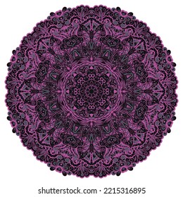 Mandala. Tracery wheel image. Mehndi design. Dark toxic colors. Ethnic doodle art. Curved doodling picture. Vector