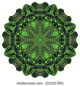 Mandala. Tracery wheel image. Mehndi design. Dark toxic colors. Ethnic doodle art. Curved doodling picture. Vector