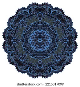 Mandala. Tracery wheel image. Mehndi design. Dark toxic colors. Ethnic doodle art. Curved doodling picture. Vector