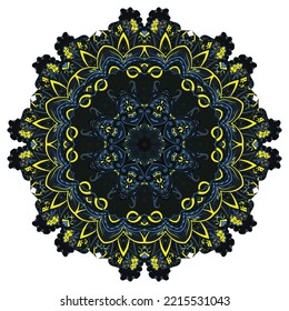 Mandala. Tracery wheel image. Mehndi design. Dark toxic colors. Ethnic doodle art. Curved doodling picture. Vector