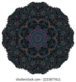 Mandala. Tracery wheel image. Mehndi design. Dark toxic colors. Ethnic doodle art. Curved doodling picture. Vector