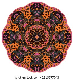 Mandala. Tracery wheel image. Mehndi design. Dark toxic colors. Ethnic doodle art. Curved doodling picture. Vector