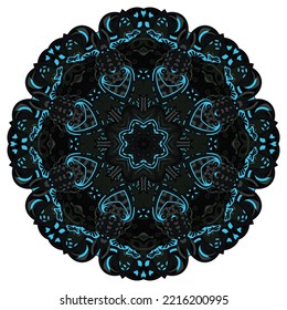 Mandala. Tracery wheel image. Mehndi design. Dark toxic colors. Ethnic doodle art. Curved doodling picture. Vector
