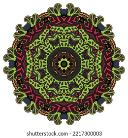 Mandala. Tracery wheel image. Mehndi design. Dark toxic colors. Ethnic doodle art. Curved doodling picture. Vector