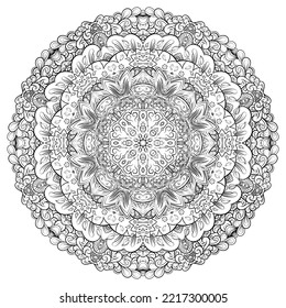 Mandala. Tracery wheel image. Mehndi design. Binary monochrome black and white. Ethnic doodle art. Curved doodling picture. Vector