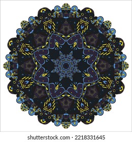 Mandala. Tracery wheel image. Mehndi design. Dark toxic colors. Ethnic doodle art. Curved doodling picture. Vector