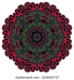 Mandala. Tracery wheel image. Mehndi design. Dark toxic colors. Ethnic doodle art. Curved doodling picture. Vector