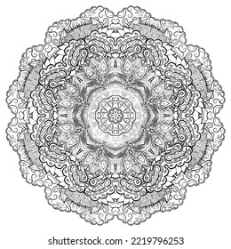 Mandala. Tracery wheel image. Mehndi design. Binary monochrome black and white. Ethnic doodle art. Curved doodling picture. Vector