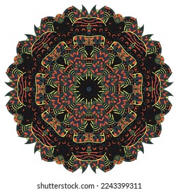 Mandala. Tracery wheel image. Mehndi design. Dark toxic colors. Ethnic doodle art. Curved doodling picture. Vector