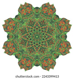Mandala. Tracery wheel image. Mehndi design. Dark toxic colors. Ethnic doodle art. Curved doodling picture. Vector