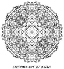 Mandala. Tracery wheel image. Mehndi design. Binary monochrome black and white. Ethnic doodle art. Curved doodling picture. Vector