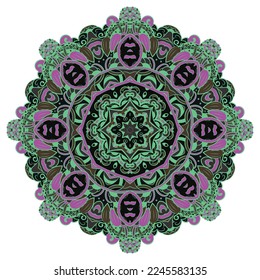 Mandala. Tracery wheel image. Mehndi design. Dark toxic colors. Ethnic doodle art. Curved doodling picture. Vector