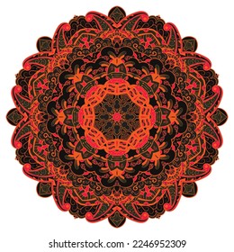 Mandala. Tracery wheel image. Mehndi design. Dark toxic colors. Ethnic doodle art. Curved doodling picture. Vector